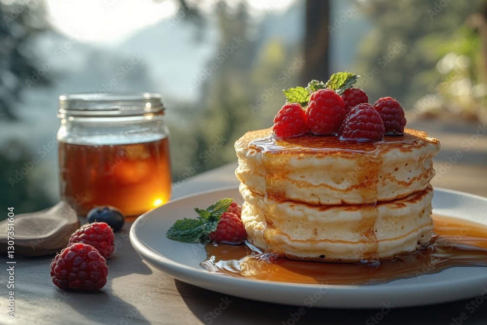 Stack of pancakes topped with fresh raspberries and mint drizzled with syrup on a white plate with honey and berries nearby