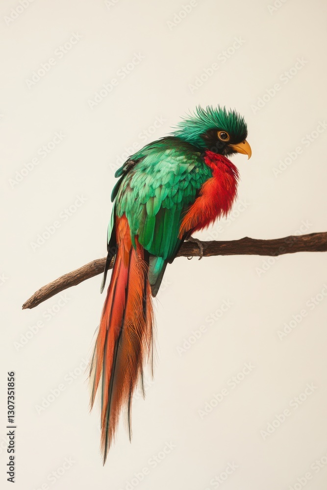 Fototapeta premium Resplendent Quetzal Perched on Branch: A Vivid Portrait of a Tropical Bird