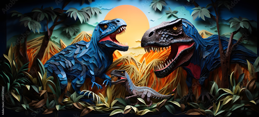 quilling paper jurassic family, ai generative quilling paper jurassic family, ai generative