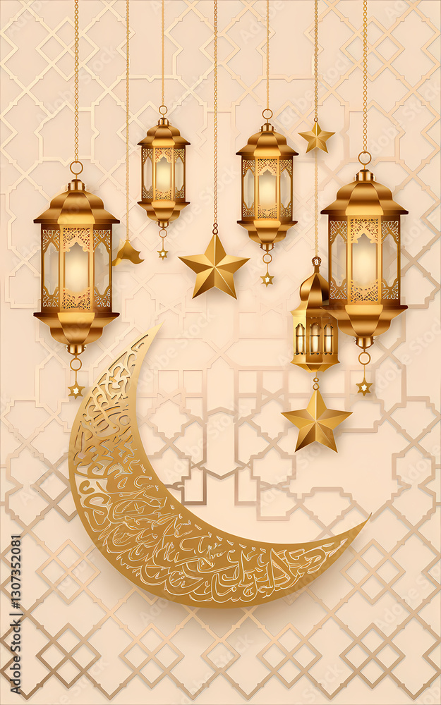 Obraz premium Ornamental Hanging Golden Ramadan Lanterns with Crescent Moon and Stars in an Elegant Islamic Style Reflecting the Spiritual and Festive Atmosphere of Ramadan and Eid with Traditional Arabic Motifs