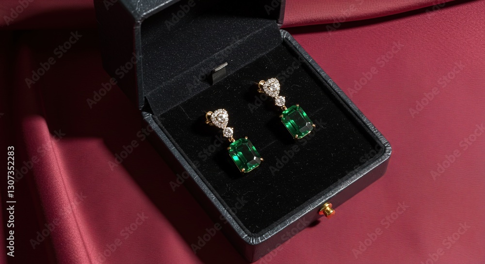 A pair of luxurious emerald and diamond drop earrings rests in a black velvet jewelry box, displayed on a rich burgundy fabric. The earrings feature rectangular emeralds and diamond accents. A pair of luxurious emerald and diamond drop earrings rests in a black velvet jewelry box, displayed on a rich burgundy fabric. The earrings feature rectangular emeralds and diamond accents.