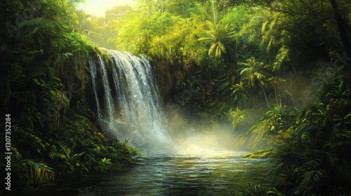 Lush Rainforest Waterfall Sunlight Dappled Mist and Green Canopy