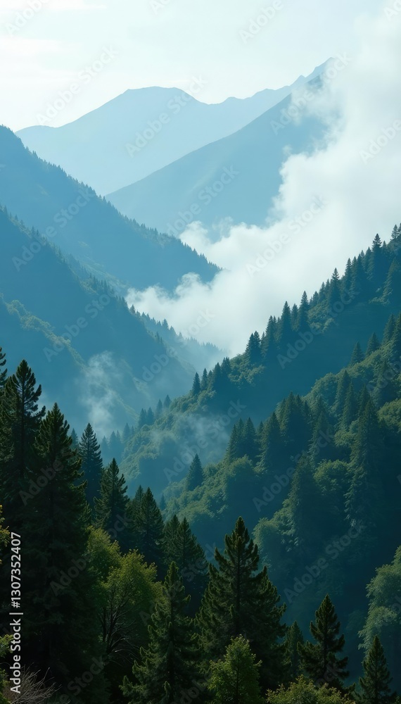 Fototapeta premium Fog rolling in over the forest of Volosyanaya mountain, volcanic, atmospheric, forest
