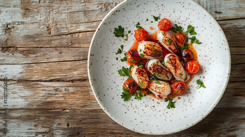 Grilled scallops and cherry tomatoes on a rustic wooden table. Grilled scallops and cherry tomatoes on a rustic wooden table.