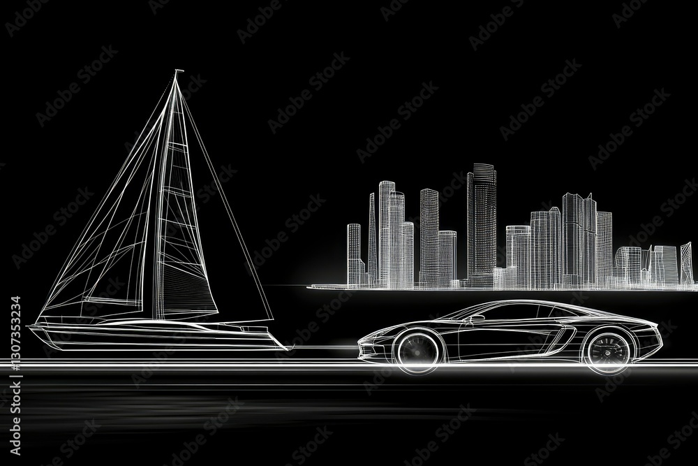 Obraz premium side view, minimalist style, white wireframe with black background of sailing a sleek modern motor yacht on the wavy ocean