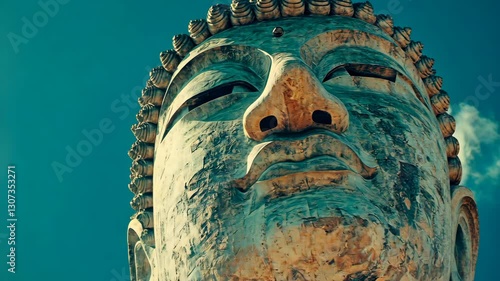 Large statue of a serene Buddha against a clear blue sky captured during daylight