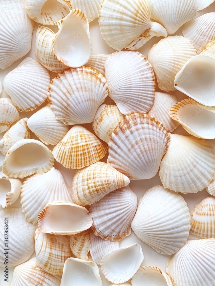Seashells Collection White and Brown Tones Flat Lay Beach Decor Concept Seashells Collection White and Brown Tones Flat Lay Beach Decor Concept