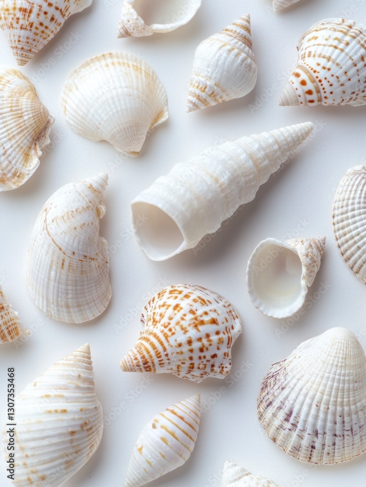 Arrangement of Seashells on White Background Creates a Natural Pattern Arrangement of Seashells on White Background Creates a Natural Pattern