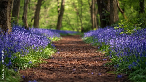 A winding, dark brown mulch path meanders through a forested glade, bordered by vibrant fields of rich, deep blue flowers