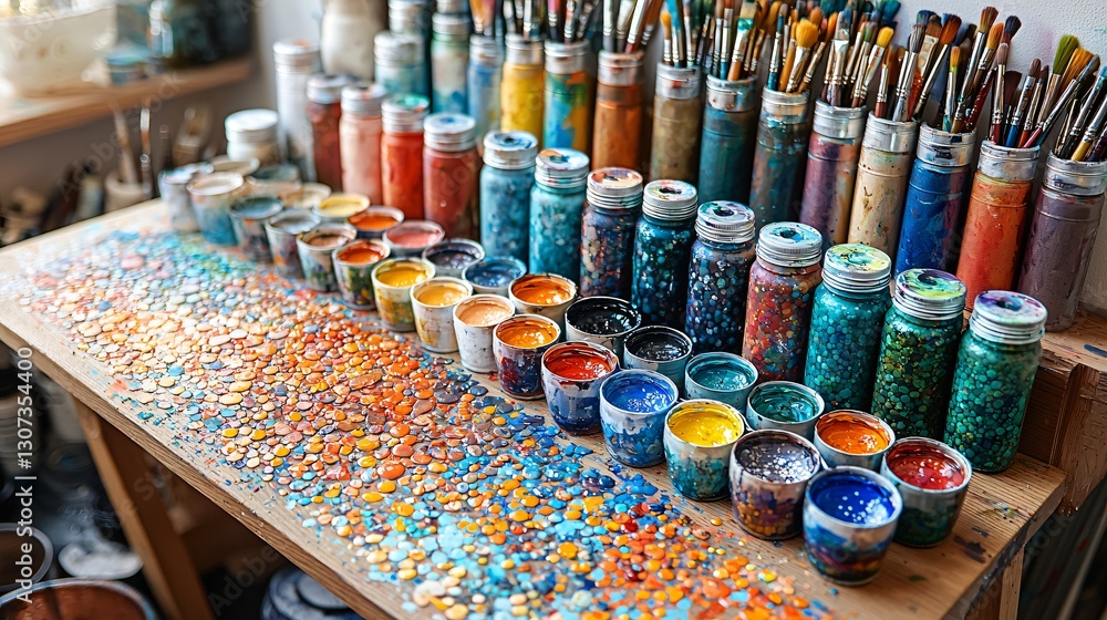 Colorful Artist Studio Table with Jars of Paint, Brushes, and Glitter on a Bright Workspace Colorful Artist Studio Table with Jars of Paint, Brushes, and Glitter on a Bright Workspace