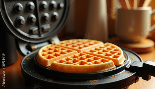 Electric waffle maker cooking golden waffles on wooden countertop, culinary delight