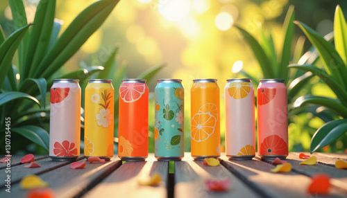 Colorful infused water cans displayed on wooden table in garden, refreshment
