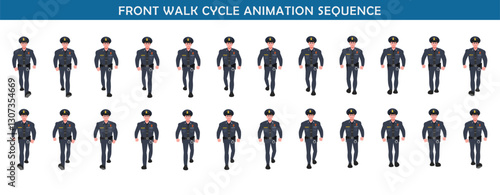 Police Officer Character walk cycle animation sequence. Front walk frame by frame animation sprite sheet.