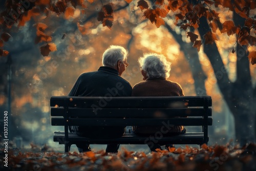 Elderly Couple on Autumn Park Bench at Sunset