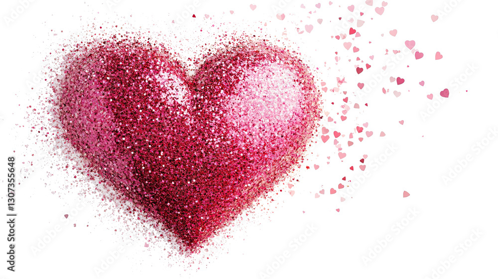 Glittery pink heart with sparkling dust particles spreading on white background symbolizing love and romance. PNG Glittery pink heart with sparkling dust particles spreading on white background symbolizing love and romance. PNG
