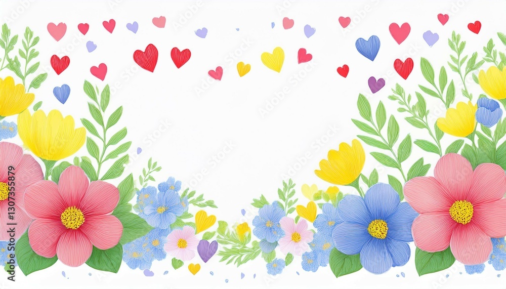 spring watercolor flowers on white background copy space floral card with hearts spring watercolor flowers on white background copy space floral card with hearts