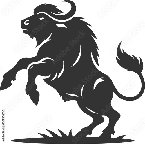 Buffalo rearing up on hind legs, front hooves kicking animal vector silhouette
