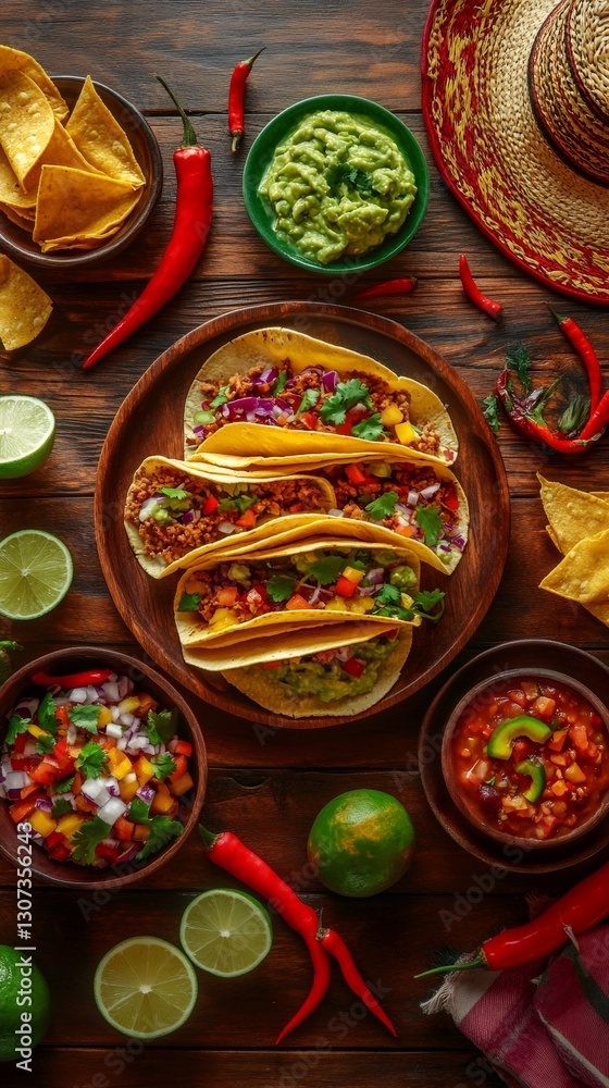Fototapeta premium Overhead shot of a cinco de mayo feast featuring tacos, guacamole, salsa, tortilla chips, and lime, creating a vibrant and celebratory atmosphere