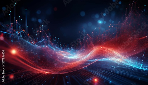 abstract digital network with red and blue glowing particles representing data flow technology and futuristic concepts in a dark background