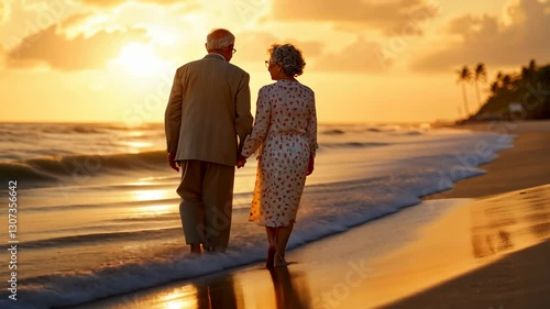Elderly couple enjoys a romantic walk on the beach during sunset with golden reflections on the water