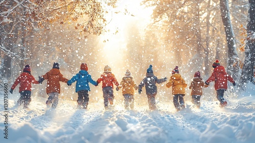 Children Playing Together in Colorful Winter Coats While Snow Fall in a Beautiful Snowy Forest