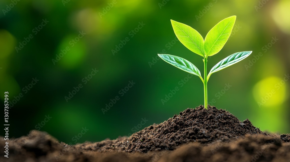 Fototapeta premium Young Plant Sprout in Soil - A small green plant seedling emerges from dark soil against a blurred green background. Symbol of growth and new beginnings