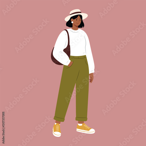 A stylish woman in a casual outfit with a sweater, pants, and a fashionable hat. She carries a crossbody bag and sneakers. Street fashion. Vector illustration isolated from background.