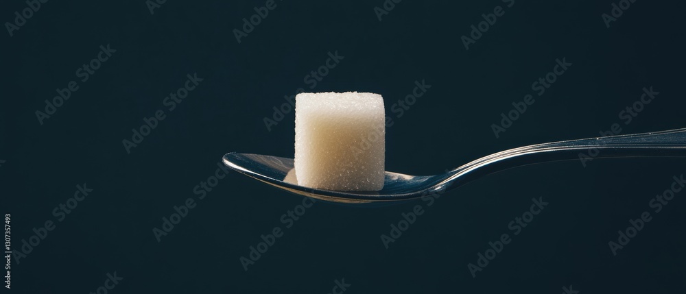 Obraz premium Sugar Cube on Spoon with Dark Background Highlighting the Contrast of Sweetness Against Simplicity and Elegance in Culinary Contexts