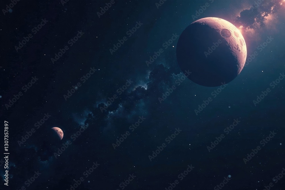 Fototapeta premium Dark space backdrop with lone asteroid orbiting a distant moon, asteroid, void, dwarf planet