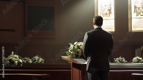 Responsible leader in a formal suit standing at a podium