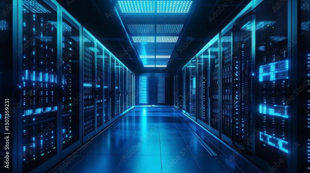 Futuristic Blue Lit Data Center Corridor with Glowing Servers Futuristic Blue Lit Data Center Corridor with Glowing Servers