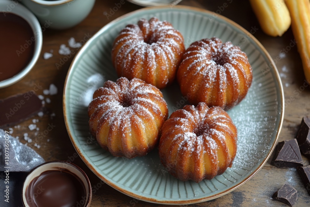 Delicious mini cakes sprinkled with powdered sugar served with rich chocolate sauce on a rustic wooden table Perfect treat!