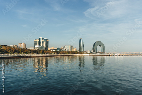 panoramic view of baku city bay with huge area with buildings reflection on water