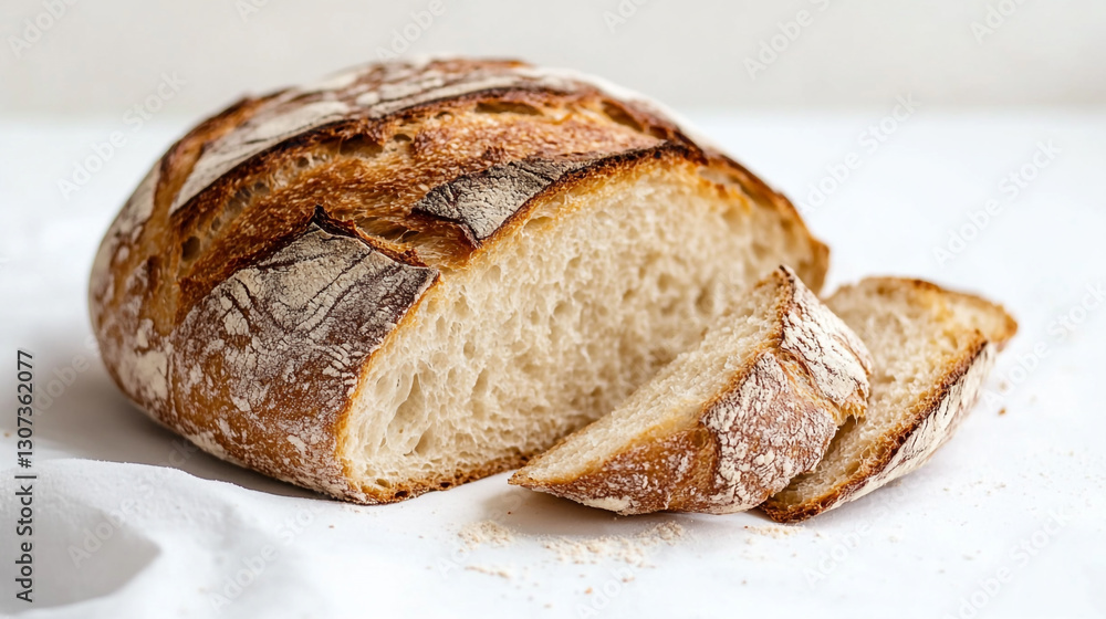 Artisan crusty bread loaf sliced showing soft white interior delicious food meal wheat brown crumb Artisan crusty bread loaf sliced showing soft white interior delicious food meal wheat brown crumb