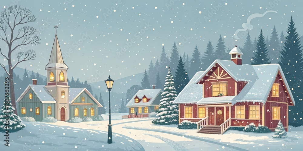 Fototapeta premium Snowy Village Winter Scene Church, Houses, Snowfall, Illustration, Christmas Card, Winter Wonderland Christmas, Winter