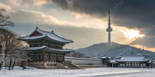 Wallpaper Mural Snowy Gyeongbokgung Palace and N Seoul Tower Sunset, Wide Composition, Korean Architecture, Winter Landscape. Korea, Seoul Torontodigital.ca