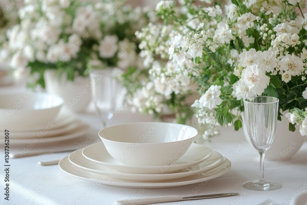 Elegant Table Setting with White Dishware and Fresh Floral Arrangements in Soft Lighting Elegant Table Setting with White Dishware and Fresh Floral Arrangements in Soft Lighting