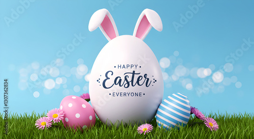 Happy Easter Greeting Card with Bunny Ears Egg, Decorated Easter Eggs, Flowers, and Grass on a Blue Sky Background – Festive Spring Holiday Celebration Design for Cards, Banners, and Social Media.