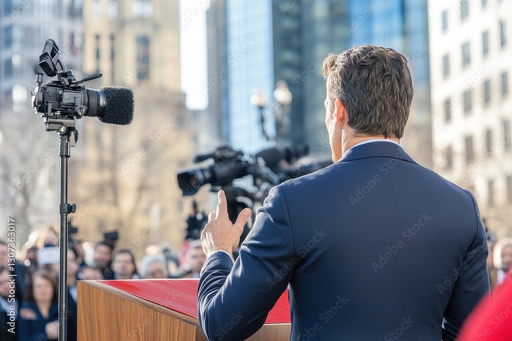 Confident Man Speaking To A Crowded Urban Setting Confident Man Speaking To A Crowded Urban Setting