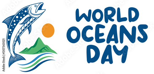 World Oceans Day, banner and flyer vector style, nice fish in white background