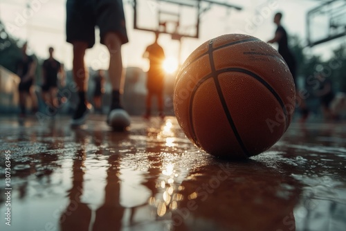 Basketball ball lying on wet court after rain with players walking in sunset light