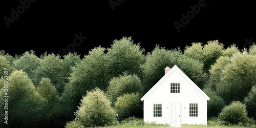 a small white house nestled...