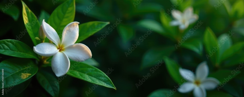 Obraz premium Dark, glossy background with lush green leaves and a few jasmine flowers in the foreground, florals, blossom
