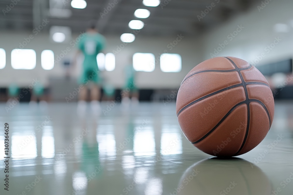 Basketball sitting on glossy court in empty gymnasium Basketball sitting on glossy court in empty gymnasium