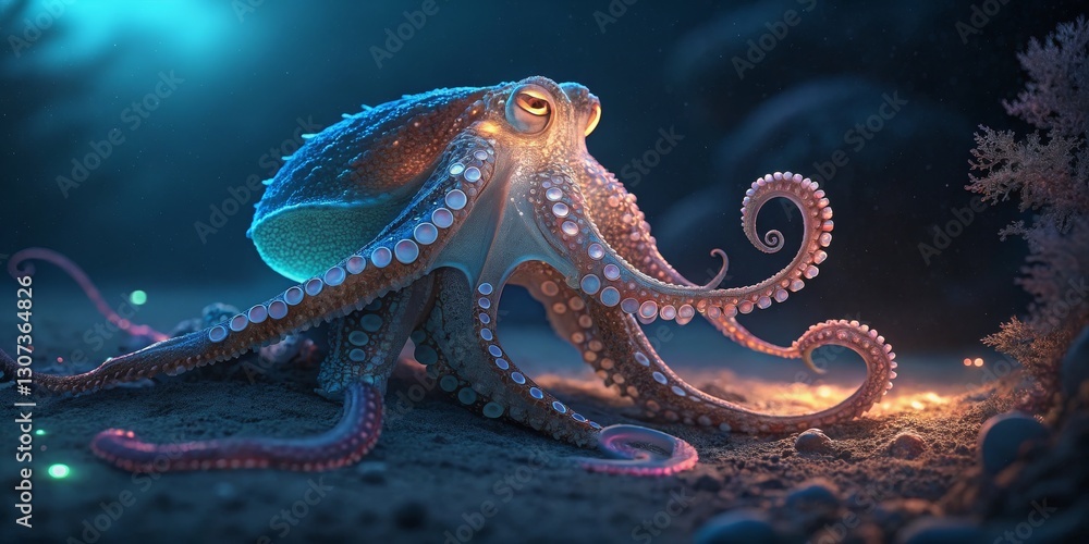 Digital Art Bioluminescent Octopus in Deep Sea, 3D Render, Fantasy Creature, Ocean Life Octopus, Underwater Digital Art Bioluminescent Octopus in Deep Sea, 3D Render, Fantasy Creature, Ocean Life Octopus, Underwater