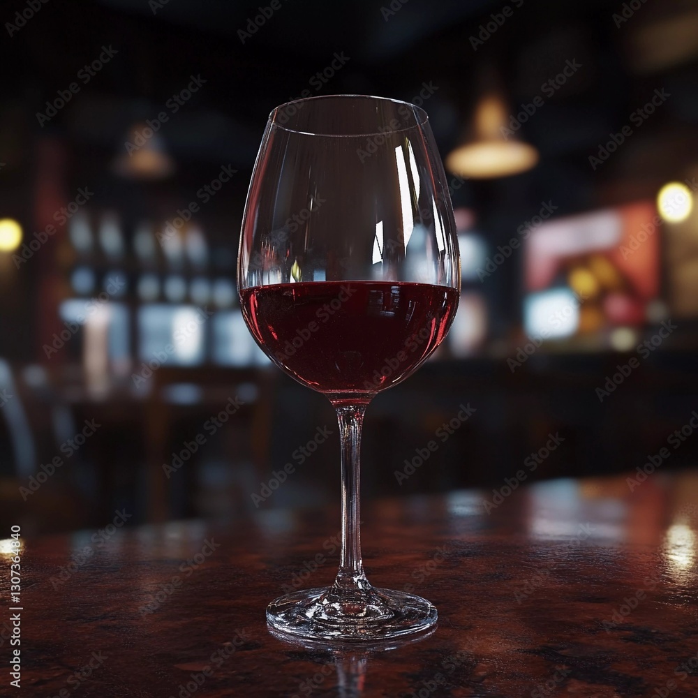 Elegant red wine glass on a wooden table in a cozy restaurant setting at night Elegant red wine glass on a wooden table in a cozy restaurant setting at night