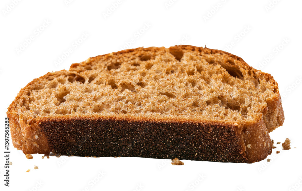 The image features an isolated slice of integral rye bread on a plain white background The image features an isolated slice of integral rye bread on a plain white background