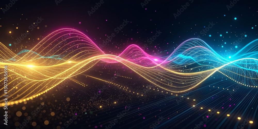 Fototapeta premium Abstract Glowing Waveform Digital Art, Pink and Blue Hues, Particle Composition, Neon Lights Abstract, Digital art