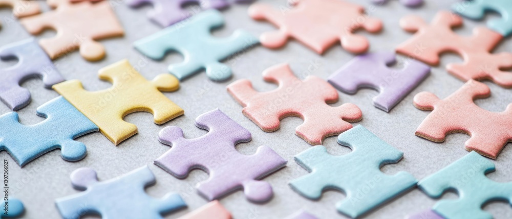 Fototapeta premium Colorful Pastel Puzzle Pieces Spread Across a Surface, Perfect for Conceptual Themes on Problem-Solving, Teamwork, and Creativity in Visuals