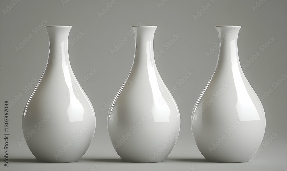 Three white vases, studio shot, grey background, home decor Three white vases, studio shot, grey background, home decor